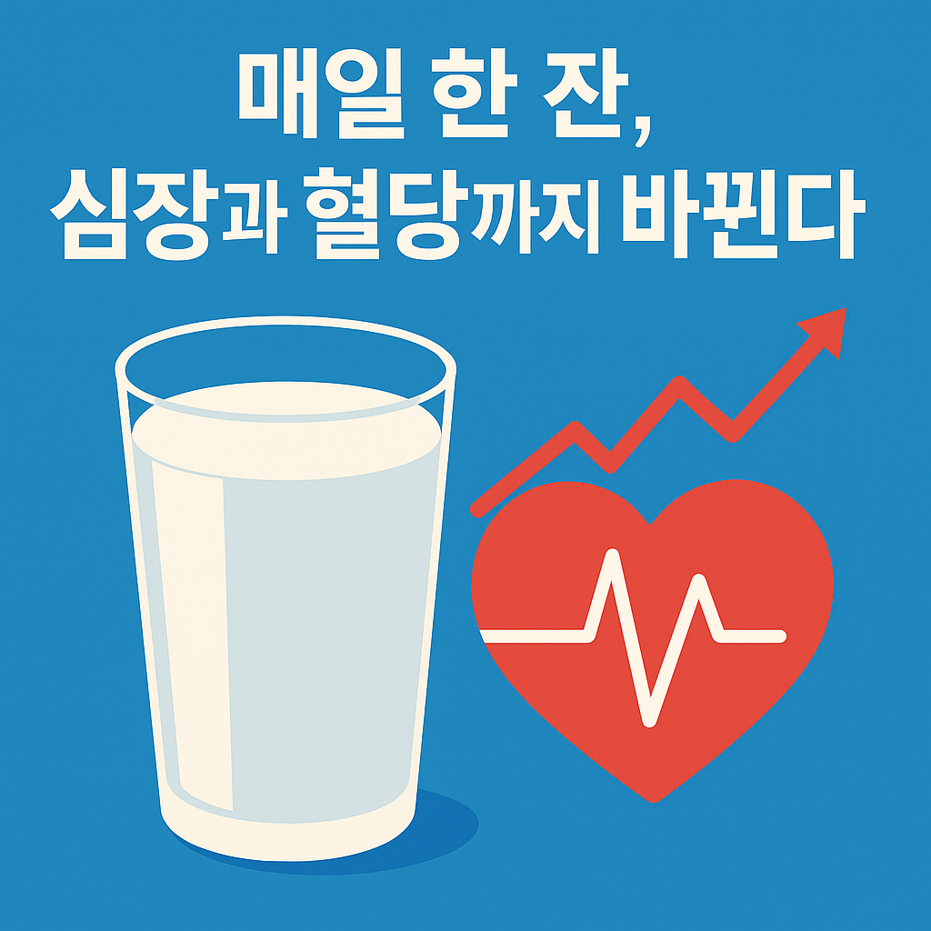 우유 한 잔과 심장·혈당 그래프가 함께 배치된 건강 상징 일러스트, ‘매일 한 잔, 심장과 혈당까지 바뀐다’라는 문구 포함