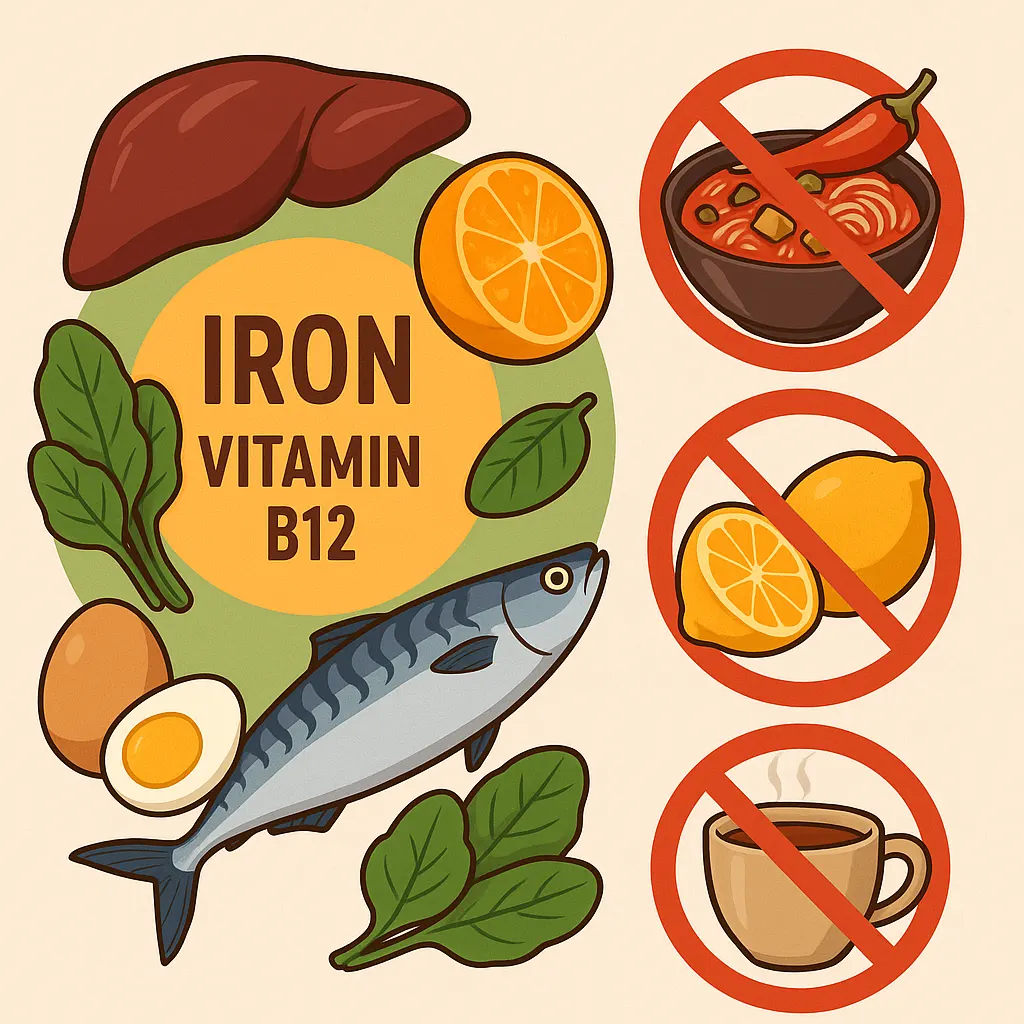 철분과 비타민 B12가 풍부한 식품(간, 시금치, 계란, 고등어 등), 비타민 C가 많은 오렌지와 함께 먹는 식단 이미지, 피해야 할 매운 음식, 신 음식, 커피 아이콘 조합