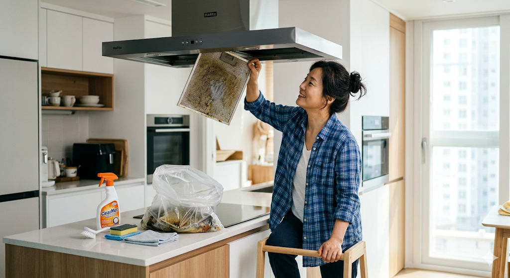 A Korean homeowner in their 40s removing a greasy kitchen range hood filter while standing in a bright modern apartment kitchen. Cleaning supplies and a large plastic bag are prepared on the countertop. Realistic household maintenance scene. realistic photo, natural lighting, clean composition, professional lifestyle photography, high-resolution detail, no text, no logos, no watermarks