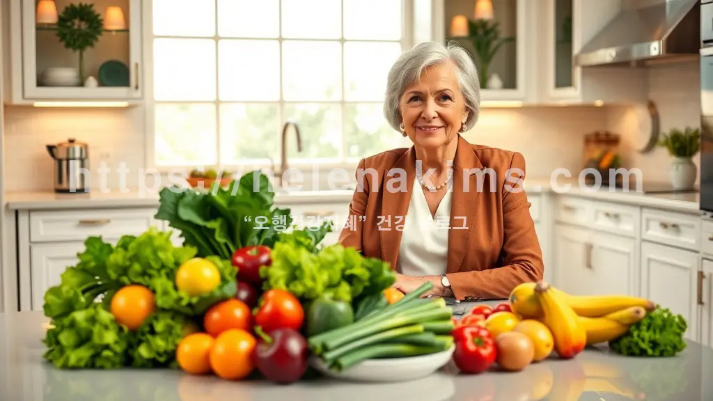 만성질환에 좋은 식재료 싱싱힌 녹색 잎채소, 과일 등을 식탁 위에 놓고 있는 여성 시니어 모습.