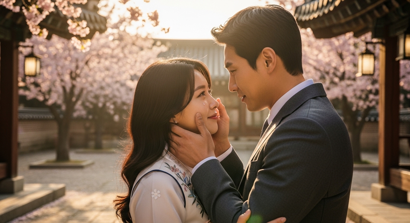 넷플릭스 한국 로맨스 드라마 속 두 주인공의 로맨틱한 순간.