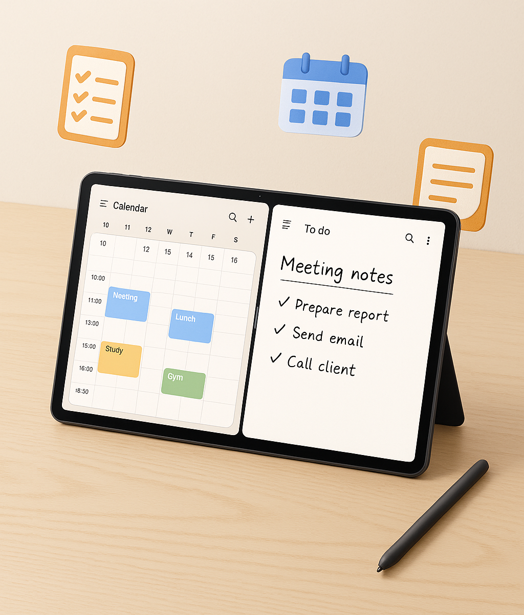 책상 위에 놓인 갤럭시탭 S9 화면에 일정 관리 앱과 메모 앱이 멀티태스킹으로 열려 있으며, S펜과 체크리스트, 캘린더, 필기 노트 아이콘이 함께 배치된 현대적이고 세련된 작업 공간.