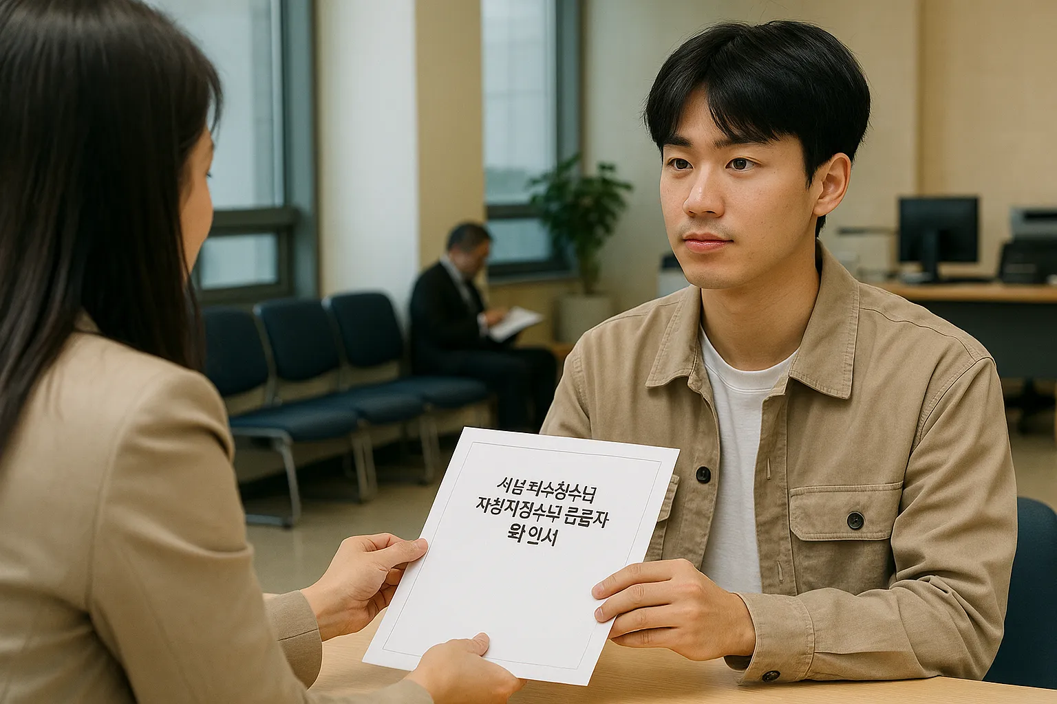 복지 수급 확인서를 받는 청년의 모습