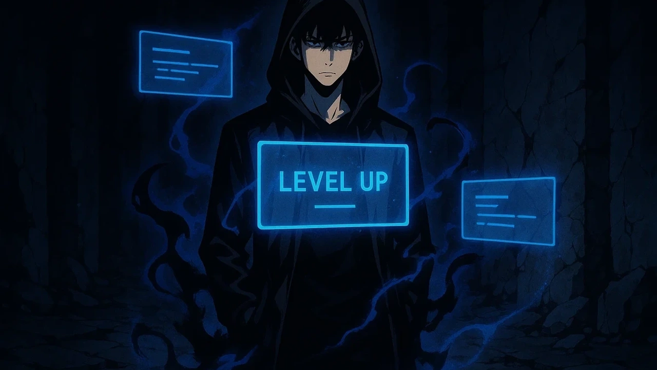 레벨업 메시지 앞에 선 후드 남성