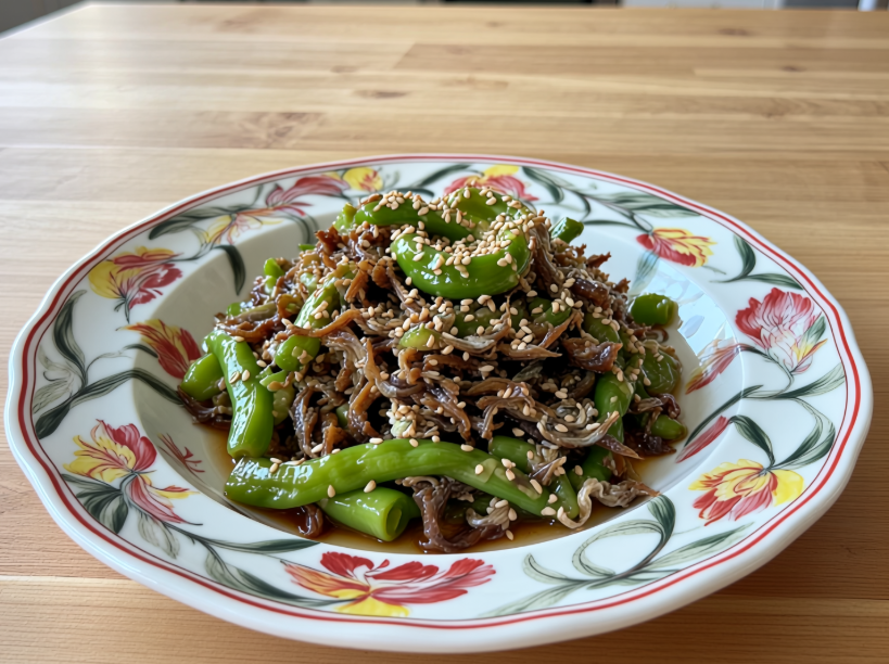 꽈리고추멸치볶음이 예쁜 접시에 담겨 있는 모습