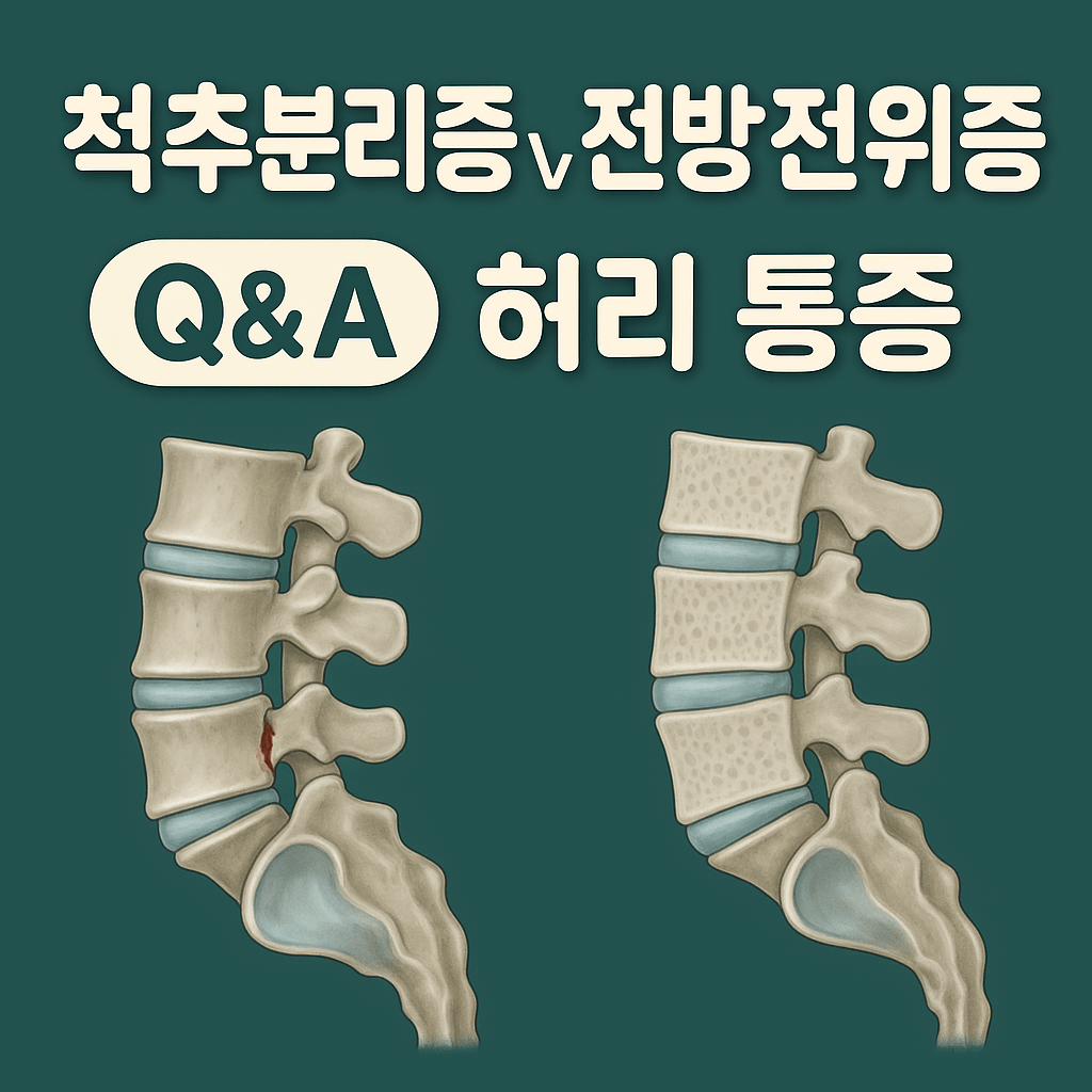 척추분리증과 전방전위증, 허리 통증 Q&amp;A 제목을 표현한 이미지