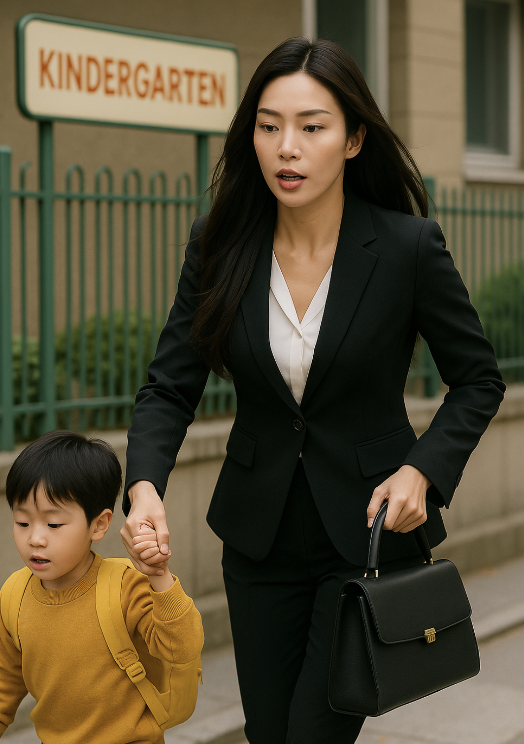 출근 전 바쁘게 아이의 등원을 시키는 어머니