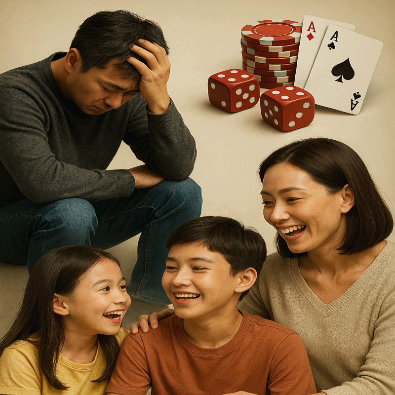 한쪽에는 도박으로 인해 괴로워하는 아버지의 모습이, 다른 쪽에는 행복하게 웃고 있는 가족의 모습이 대비적으로 표현된 이미지입니다. 배경에는 포커칩, 주사위, 카드가 배치되어 도박 문제를 상징하며, 도박이 가정의 행복을 파괴할 수 있다는 경고 메시지를 시각적으로 전달합니다. 도박 중독 예방 캠페인, 사회 문제 경고 포스터, 교육 자료 등에 적합한 이미지입니