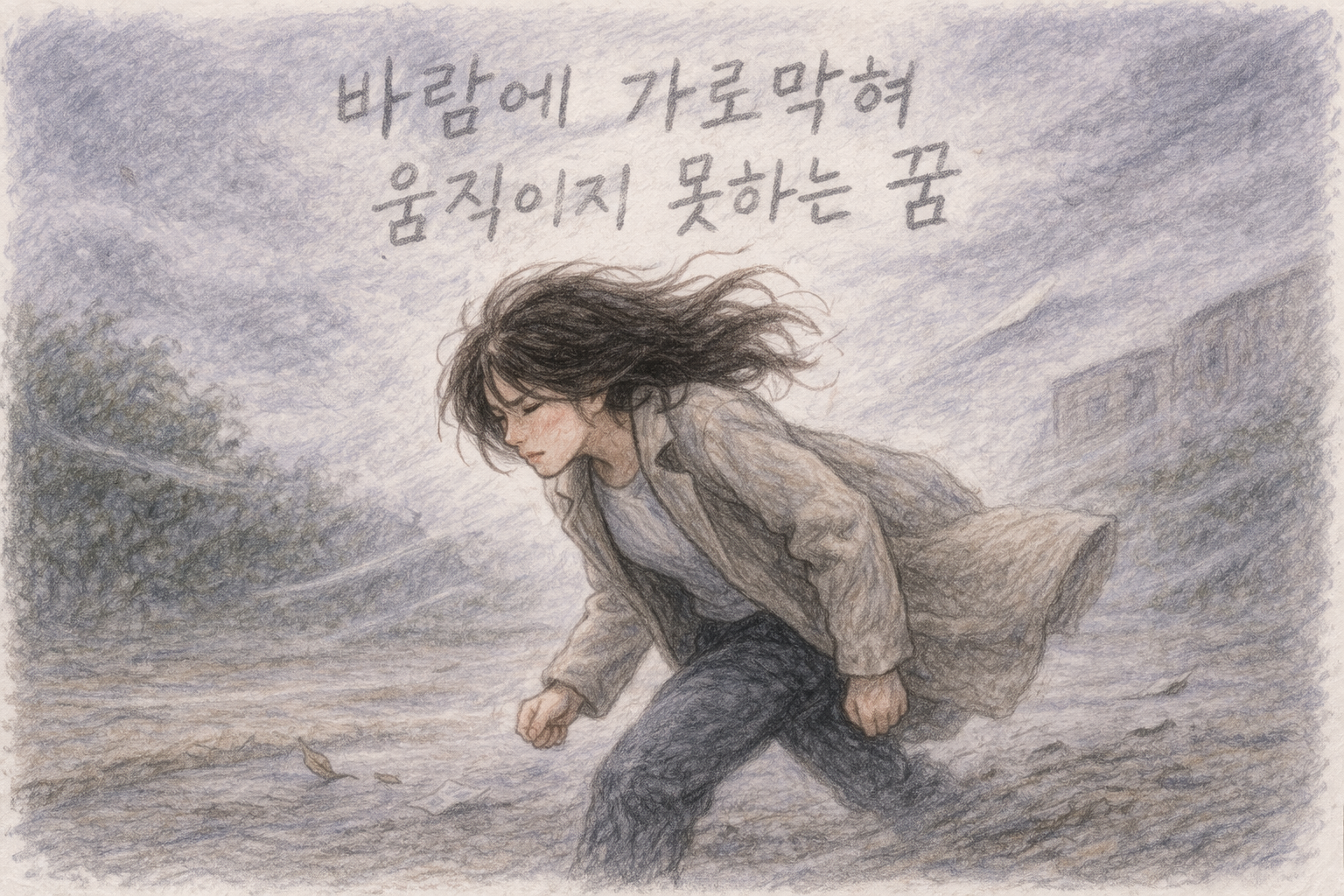 강한 바람에 막혀 앞으로 나아가지 못하고 버티는 모습을 그린 색연필 꿈해몽 썸네일