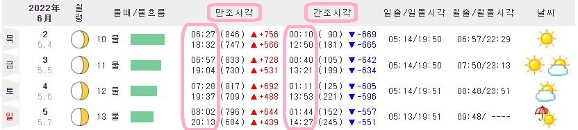 물때표 보는법 만조 간조