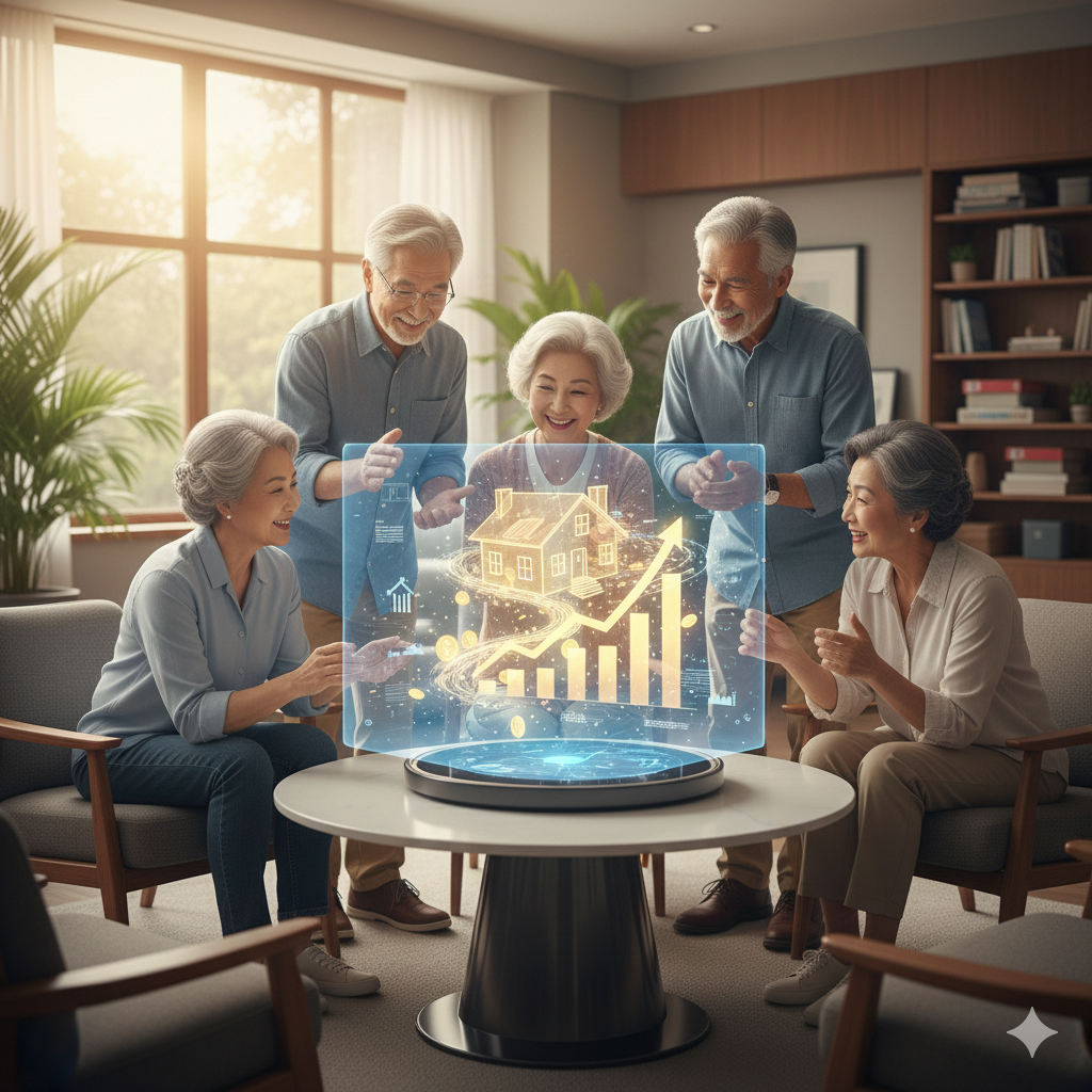 여러 명의 노인이 테이블 둘러앉아 홀로그램으로 나타난 집 모양의 아이콘과 우상향하는 경제 지표를 보며 밝게 웃고 있는 미래지향적인 상담 장면이에요.