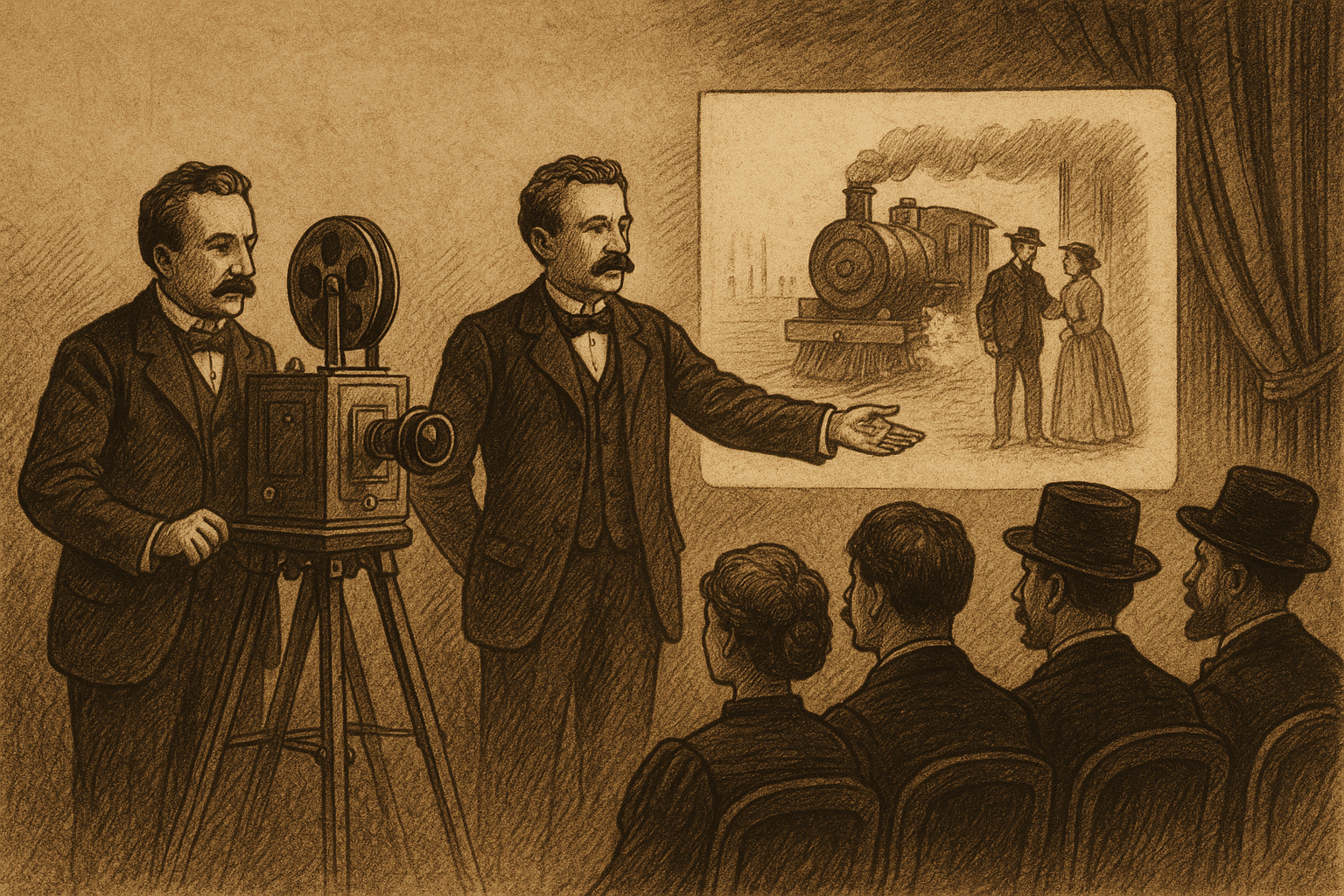뤼미에르 형제가 시네마토그래프로 첫 상영을 하는 장면을 모티브로, 빈티지 영화 분위기의 일러스트