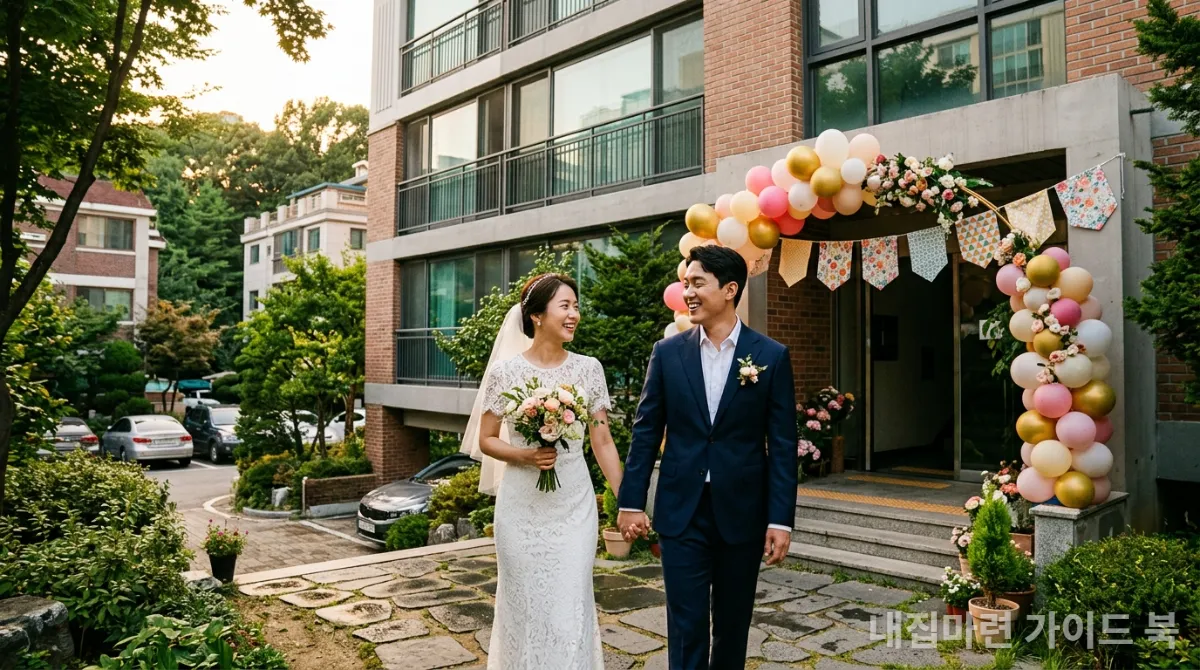 신혼부부 특별공급 아파트 단지로 들어서는 행복한 한국인 신혼부부의 모습