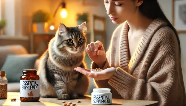 집사가 고양이에게 필수 영양제를 조심스럽게 먹이는 모습