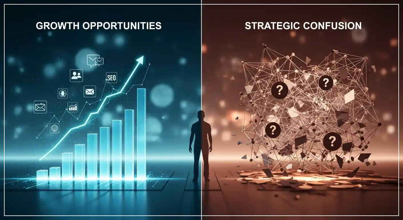 <img src="digital_marketing_channel_growth_vs_confusion_strategy.webp" alt="디지털 마케팅 채널 운영의 현실적 과제를 인포그래픽으로 요약하여 성장 기회와 전략적 혼란을 대비적으로 보여주는 이미지 입니다">