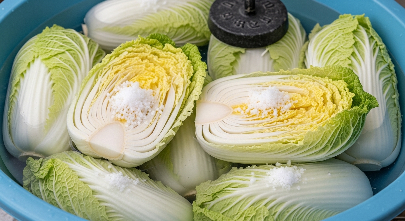 굵은 소금물에 절여지고 있는 싱싱한 배추들의 근접 사진.