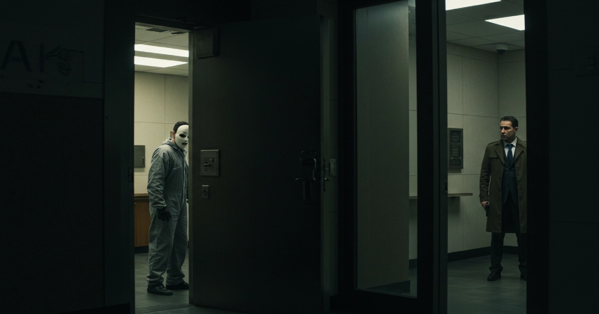 은행 안에 숨은 강도와 이를 주시하는 형사의 긴장감 넘치는 장면