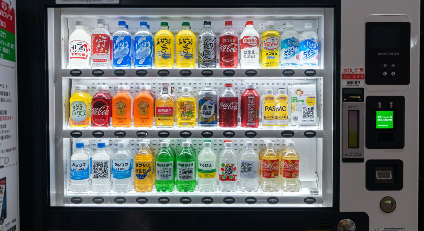 일본 자동판매기에서 Suica, PASMO, 신용카드, QR코드 결제가 가능한 화면