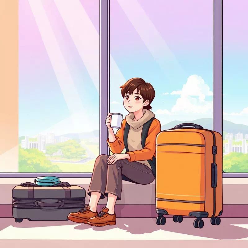 깔끔하게 정리된 캐리어 옆, 창가에 앉아 여유롭게 커피를 마시는 여행객