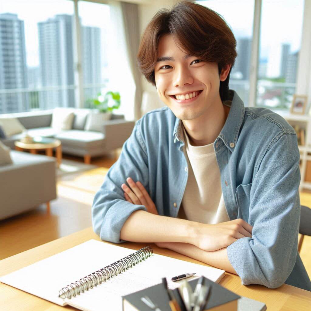 행복주택 입주자격에 충족하는 미술전공 대학생이 스케치북앞에서 미소 짓고 있다.