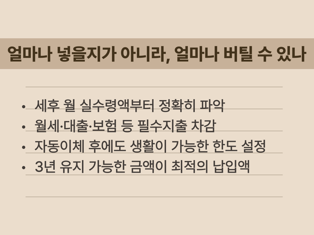 청년미래적금에 3년 동안 무리 없이 납입할 수 있는 월 납입액을 설정하는 기준을 설명한 텍스트 이미지