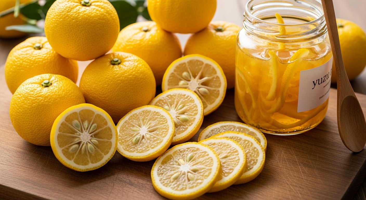 나무 도마 위에 신선한 유자 열매와 직접 만든 유자청 병이 아름답게 놓여 있는 모습. 생기 넘치는 노란색과 초록색이 신선함과 건강함을 강조합니다.