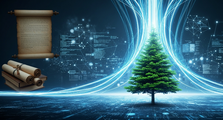 디지털 세상에서 꾸준히 성장하는 에버그린 콘텐츠의 가치를 상징하는 나무와 데이터 흐름.