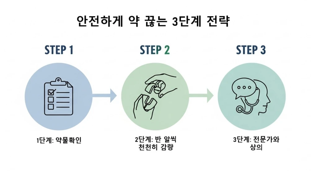 안전하게 약을 끊는 3단계를 일러스트로 설명한 인포그래픽