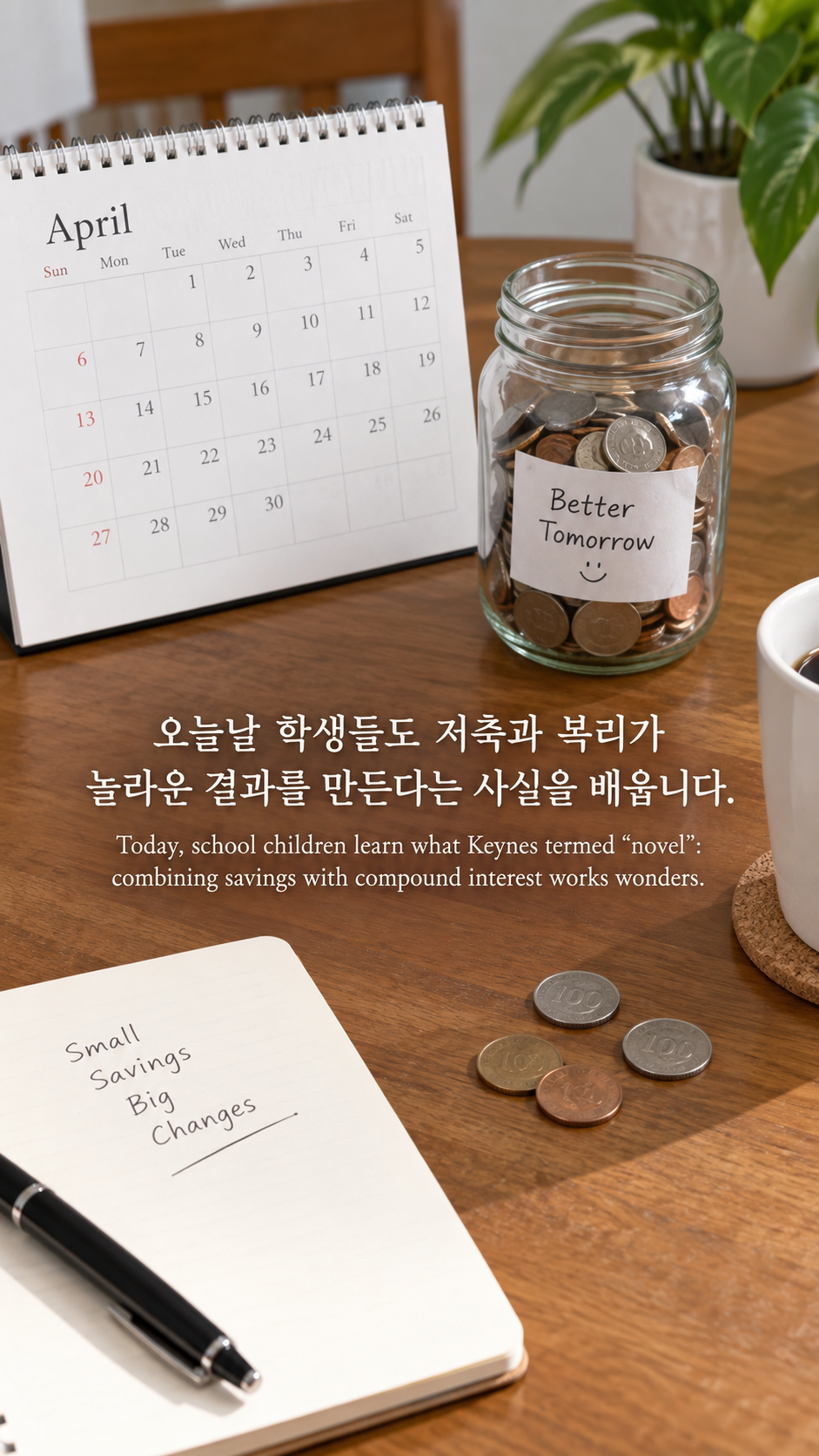 달력과 동전 몇 개가 놓인 식탁에 저축과 복리의 힘에 관한 워렌 버핏 명언이 적힌 이미지