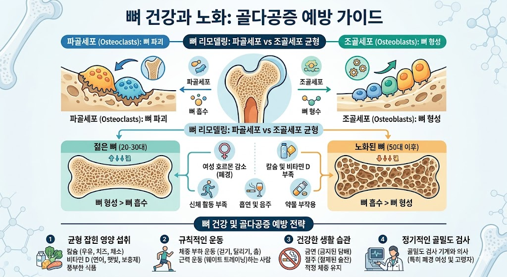 뼈 건강 항노화 &mdash; 파골세포 조골세포 균형 에스트로겐 감소 비타민D 칼슘 저항운동 골다공증 예방