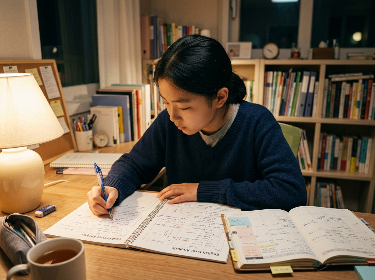중학생이 영어 오답 노트를 펼쳐놓고 틀린 문제를 점검하며 다시 학습하는 모습