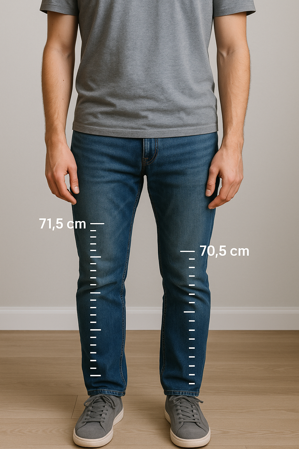 몸에 불균형이 온 남성의 다리에 치수를 표시한 이미지