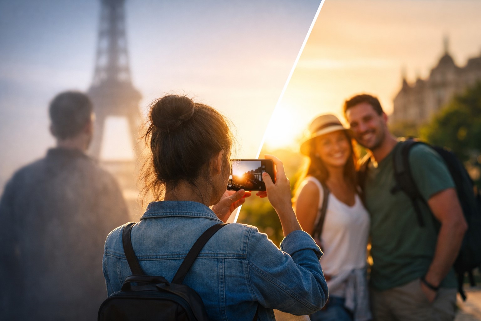 스마트폰으로 여행사진을 찍는 상황에서 결과가 갈리는 핵심 요인을 상징한 대표 이미지