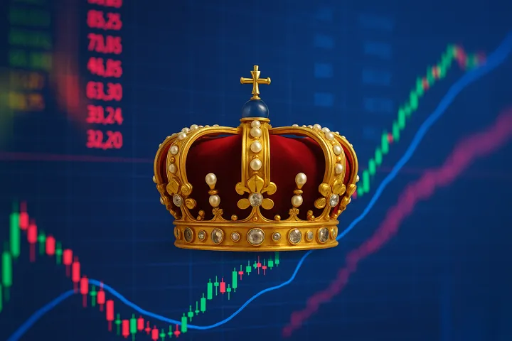 황제주를 상징하는 왕관과 상승하는 주가 차트 배경