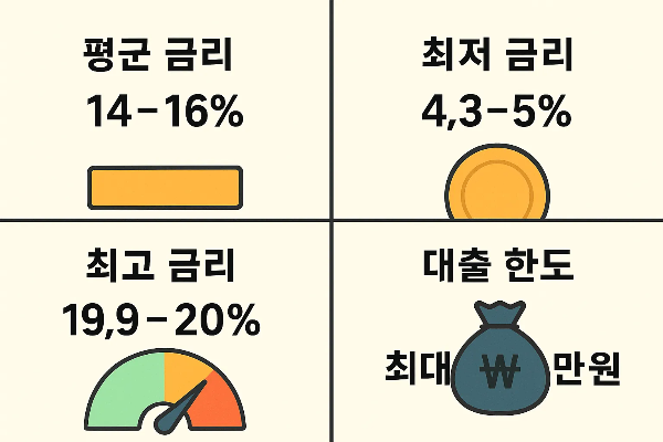 카드론 평균 금리 14~16%, 최저금리 4.3~5%, 최고금리 19.9~20%와 최대 대출 한도 현황을 정리한 2025년 기준 인포그래픽