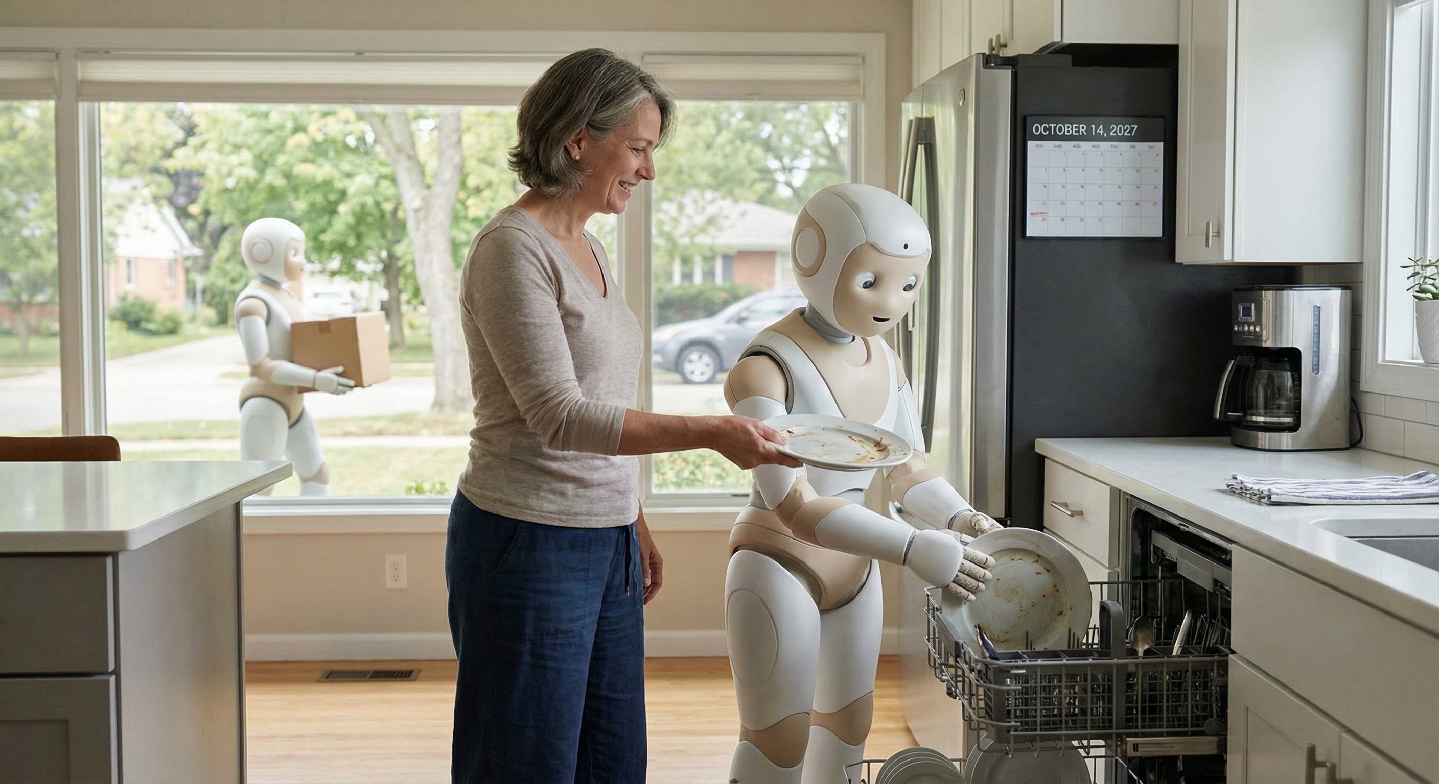 가정 및 산업 현장에서 인간과 자연스럽게 협업하며 공존하는 2026년 이후의 미래 사회 모습