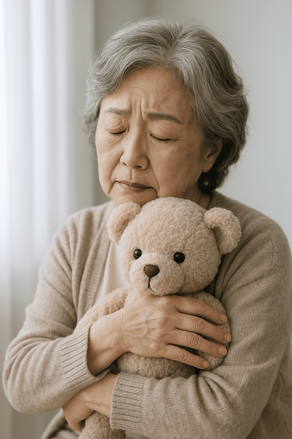 공유하기
은발의-피부-하얀-한국인-노인-여성이-따뜻한-조명의-실내에서-포근한-인형-곰인형을-두-팔로-꼭-안고-눈을-감은-채-조용한-표정으로-앉아-있으며-표정은-슬픔과-위로가-섞인-느낌을-주고-부드러운-니트-의상과-테디베어의-질감이-편안한-분위기를-연출하는-감성적인-장면