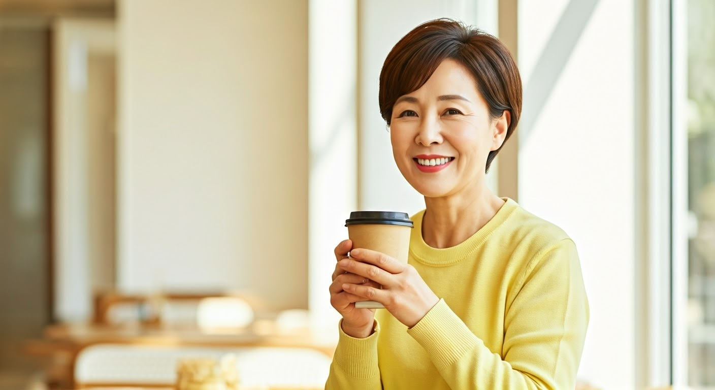 50대 중년여성이 따뜻한 햇살아래 커피를 마시고 있는 이미지