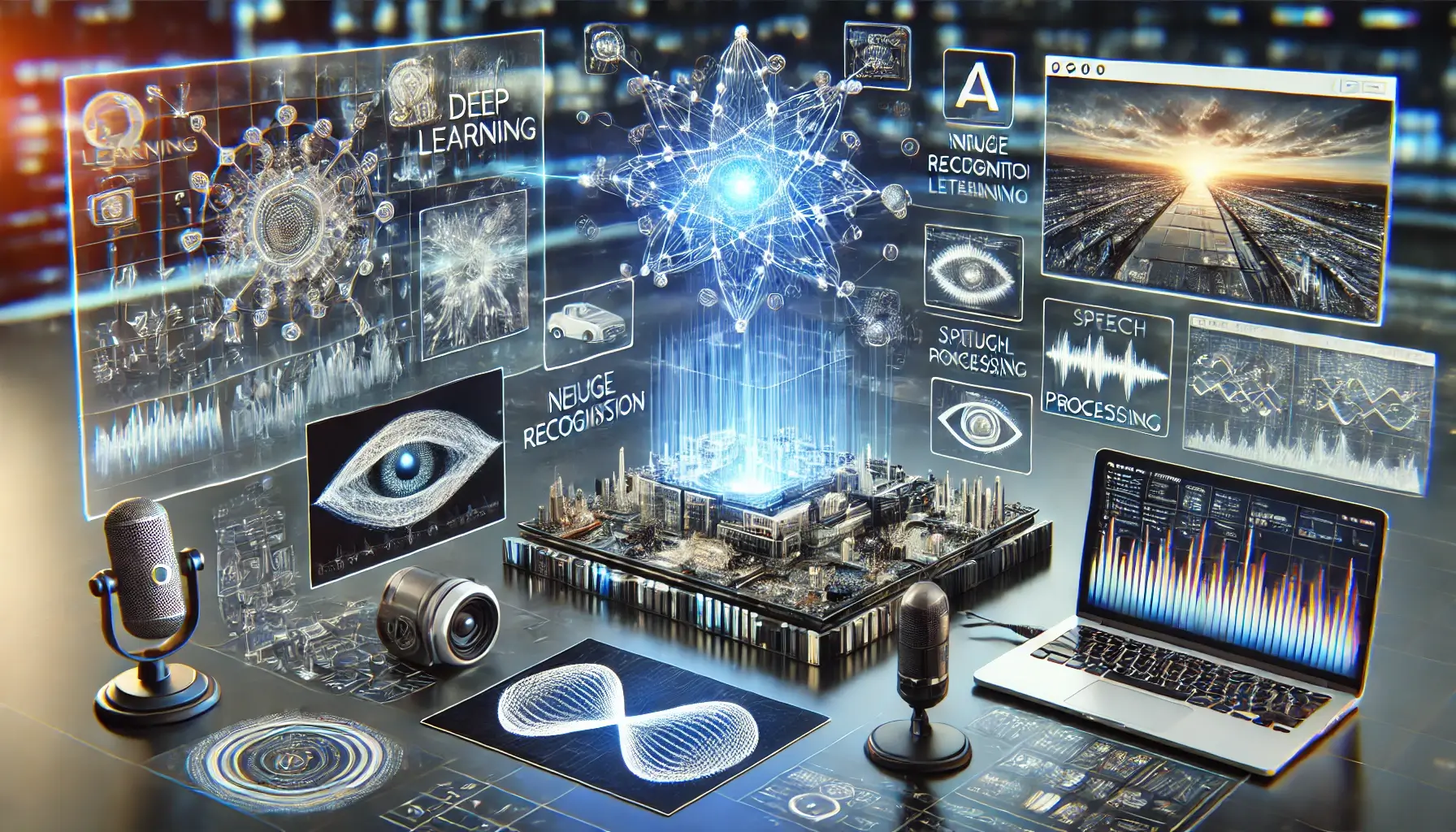 2010년대 딥 러닝의 발전을 보여주는 초현실적인 이미지로, 미래 기술 환경에서 이미지 인식, 음성 인식, 자연어 처리 등 다양한 응용 분야를 강조합니다.