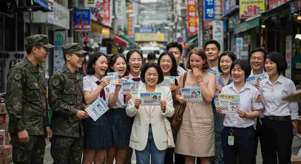 민생회복 소비쿠폰을 홍보하기 위해 전통시장 거리에서 군인, 학생, 외국인, 재외국민 등이 쿠폰을 들고 함께 웃으며 참여하는 장면
