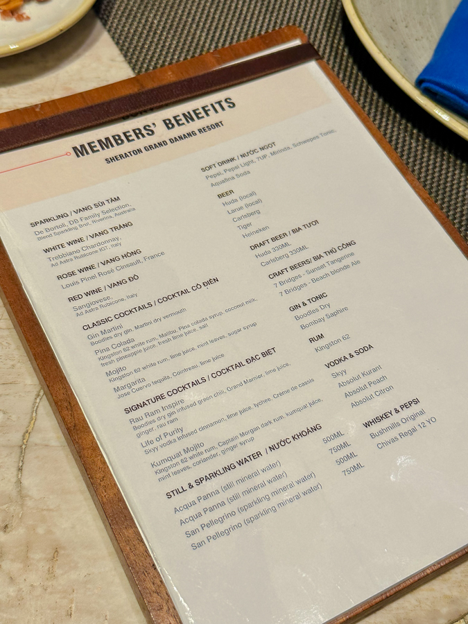 다낭 쉐라톤 그랜드 리조트의 본보이 멤버 베네핏 메뉴