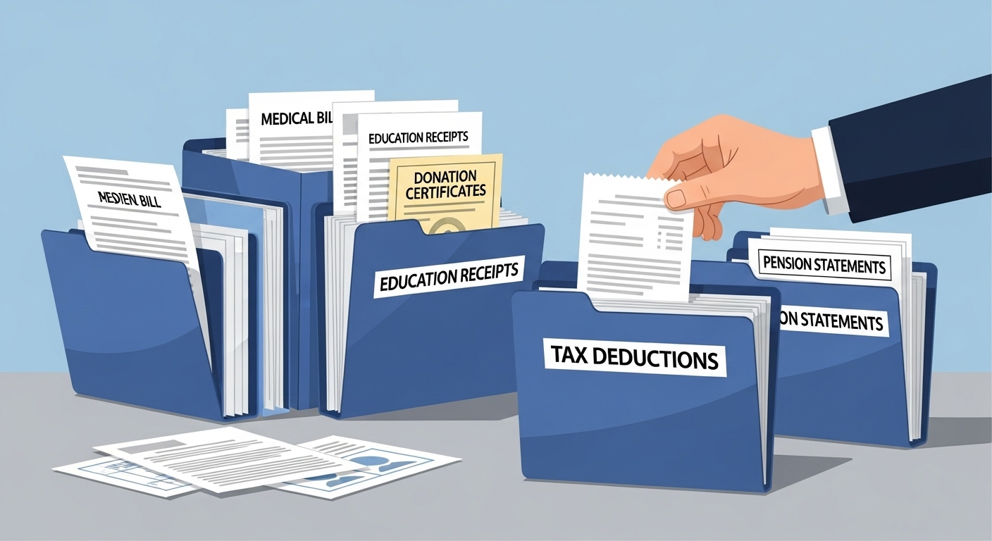 의료비, 교육비, 기부금 등 다양한 소득공제 증빙 서류를 깔끔하게 정리하는 모습
