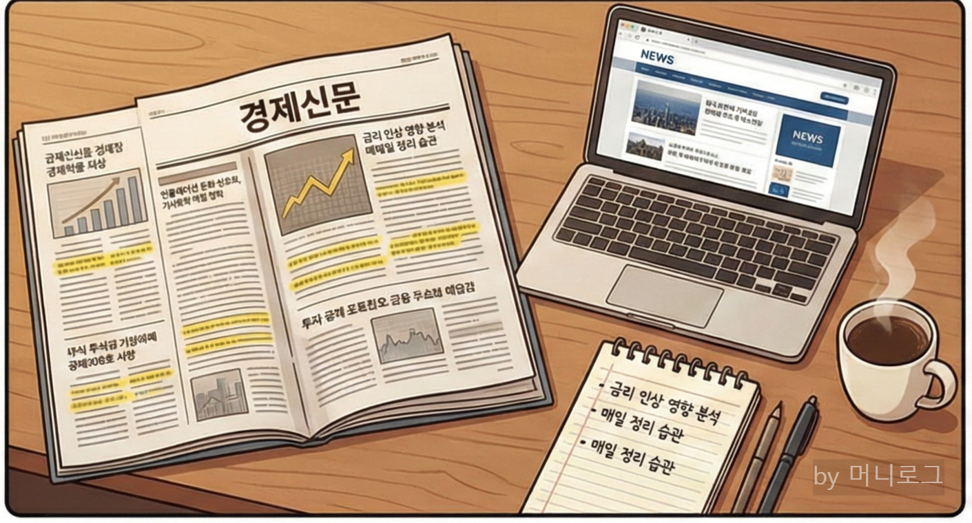 책상 위에 경제신문, 노트북, 커피 한 잔이 함께 놓여 있고, 옆에 형광펜으로 밑줄 그어진 신문 기사와 메모가 보이는 장면