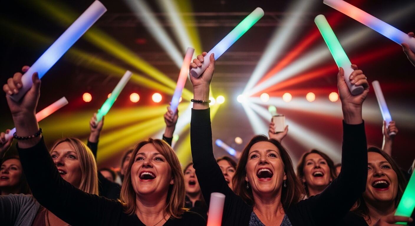 관객들이 야광봉을 흔들며 환호하는 모습&amp;#44; 뒤로 보이는 무대 조명