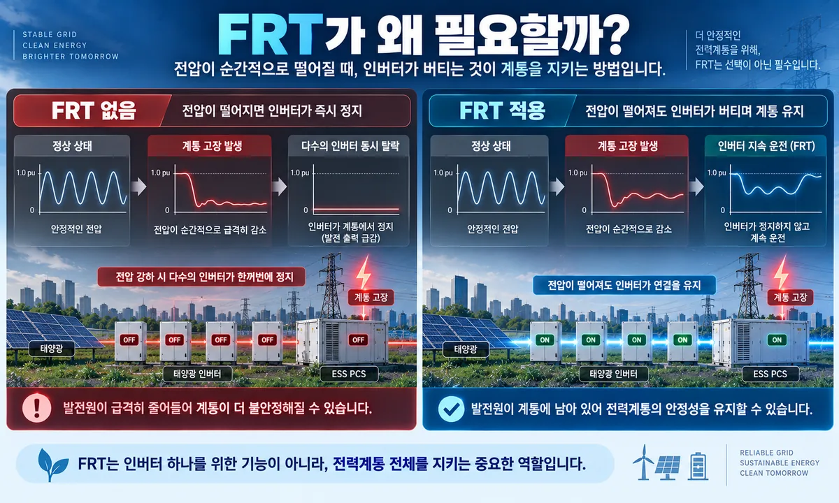 FRT 미적용과 적용 시 전압강하 후 인버터 탈락 여부를 비교한 인포그래픽