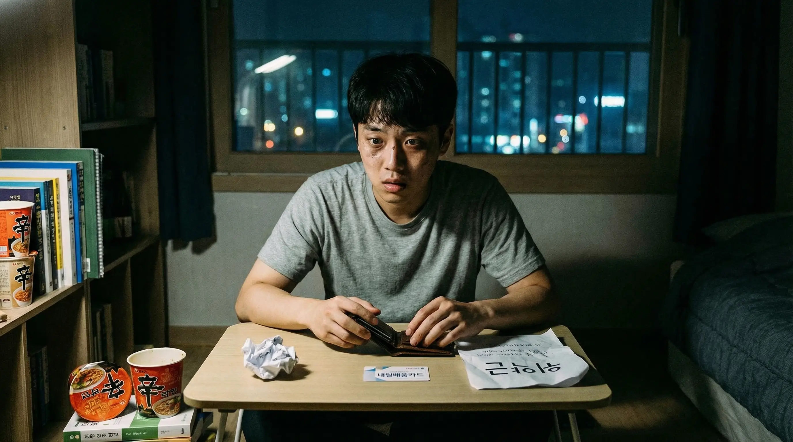 텅 빈 지갑과 내일배움카드를 보며 위약금 걱정에 잠 못 이루는 취업 준비생의 불안한 모습