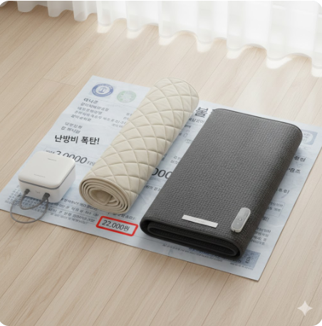 난방비 고지서 이미지와 그 위에 온수매트, 카본매트가 나란히 놓인 이미지