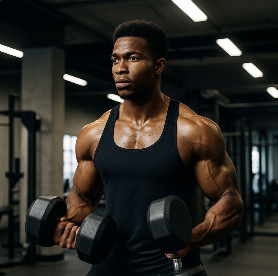 헬스장에서 덤벨을 들고 있는 근육질 남성의 상체와 팔 근육 디테일