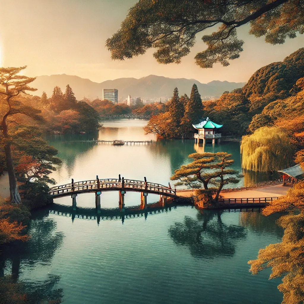 오호리 공원의 평화로운 호수 전경