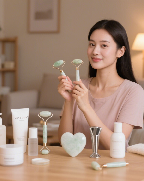 옥 괄사 롤러와 하트 모양 괄사 도구를 들고 미소 짓는 여성의 홈케어 장면